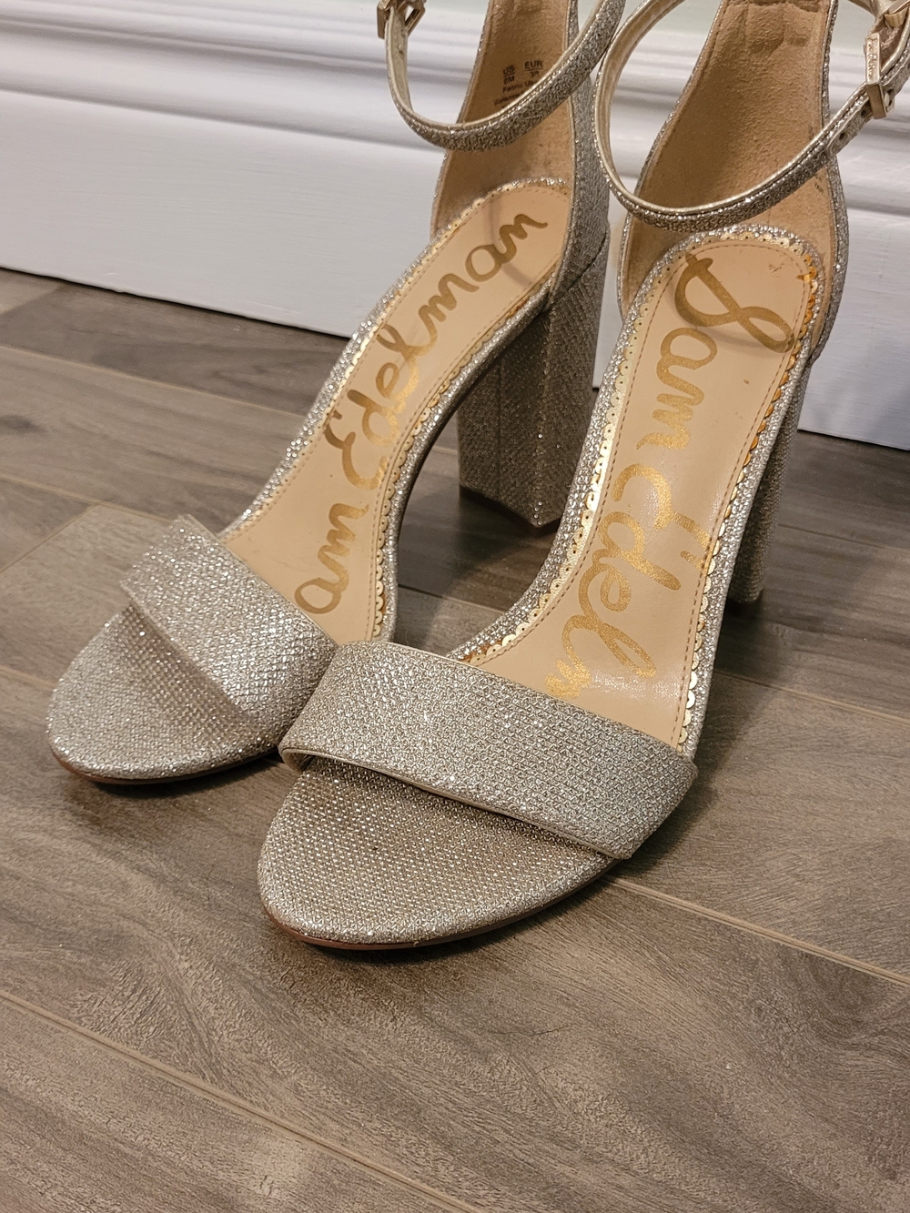 Sam Edelman Gold Glitter Block Heel Sandals - Ankle Strap